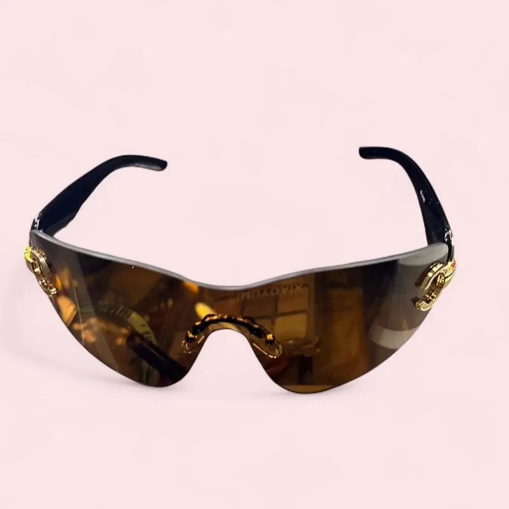 Y2k Shield Brown Sunglasses double c oversized wrap Summer Coastal